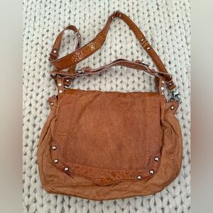 Rebecca Minkoff Tan Leather Slouchy Crossbody with Blue Polka Dot Lining